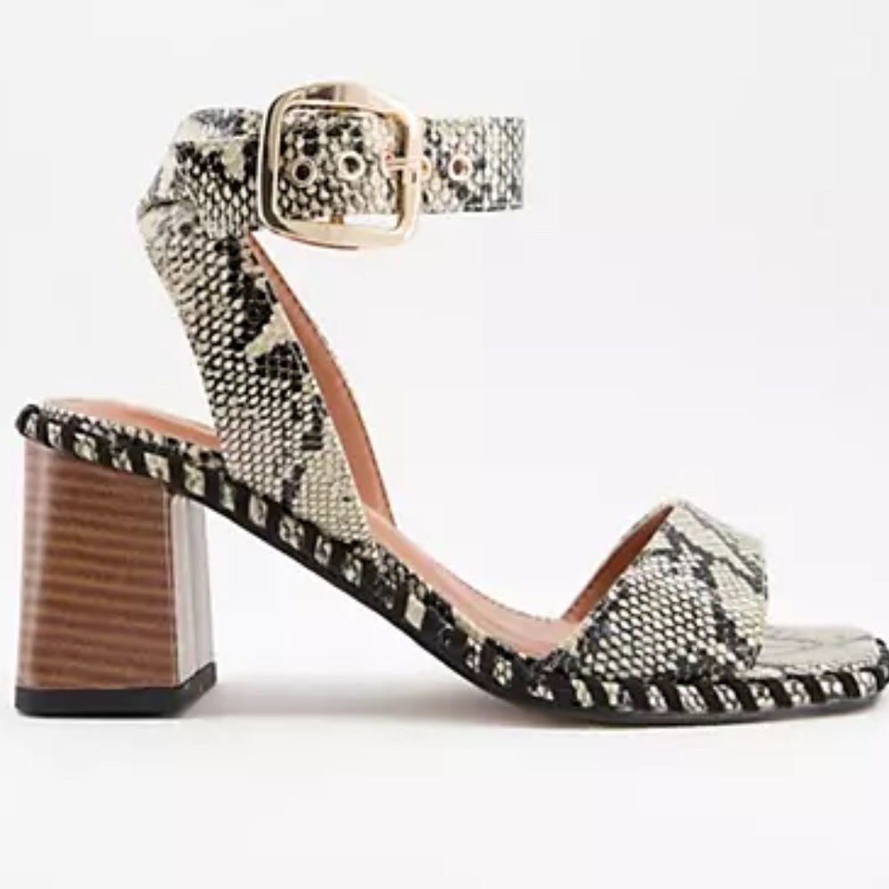 ASOS DESIGN Harvest block heeled mid sandals in snake US 9